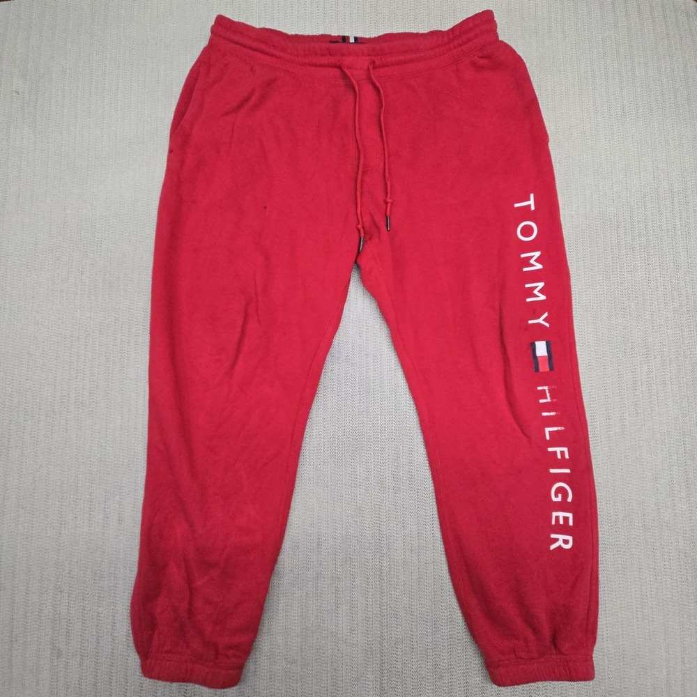 Tommy Hilfiger Pants Mens Large Red Sweatpants Joggers Logo Fleece Cuffed